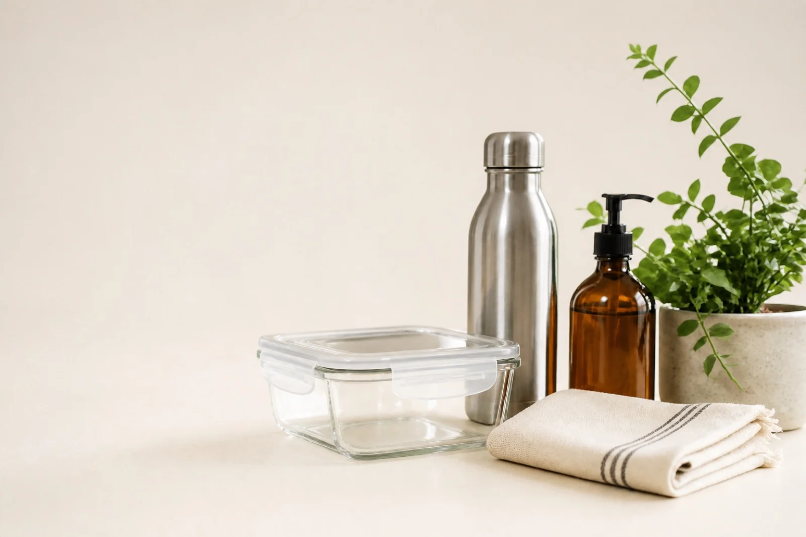 Glass food container, stainless-steel bottle and reusable household items on a plain warm background
